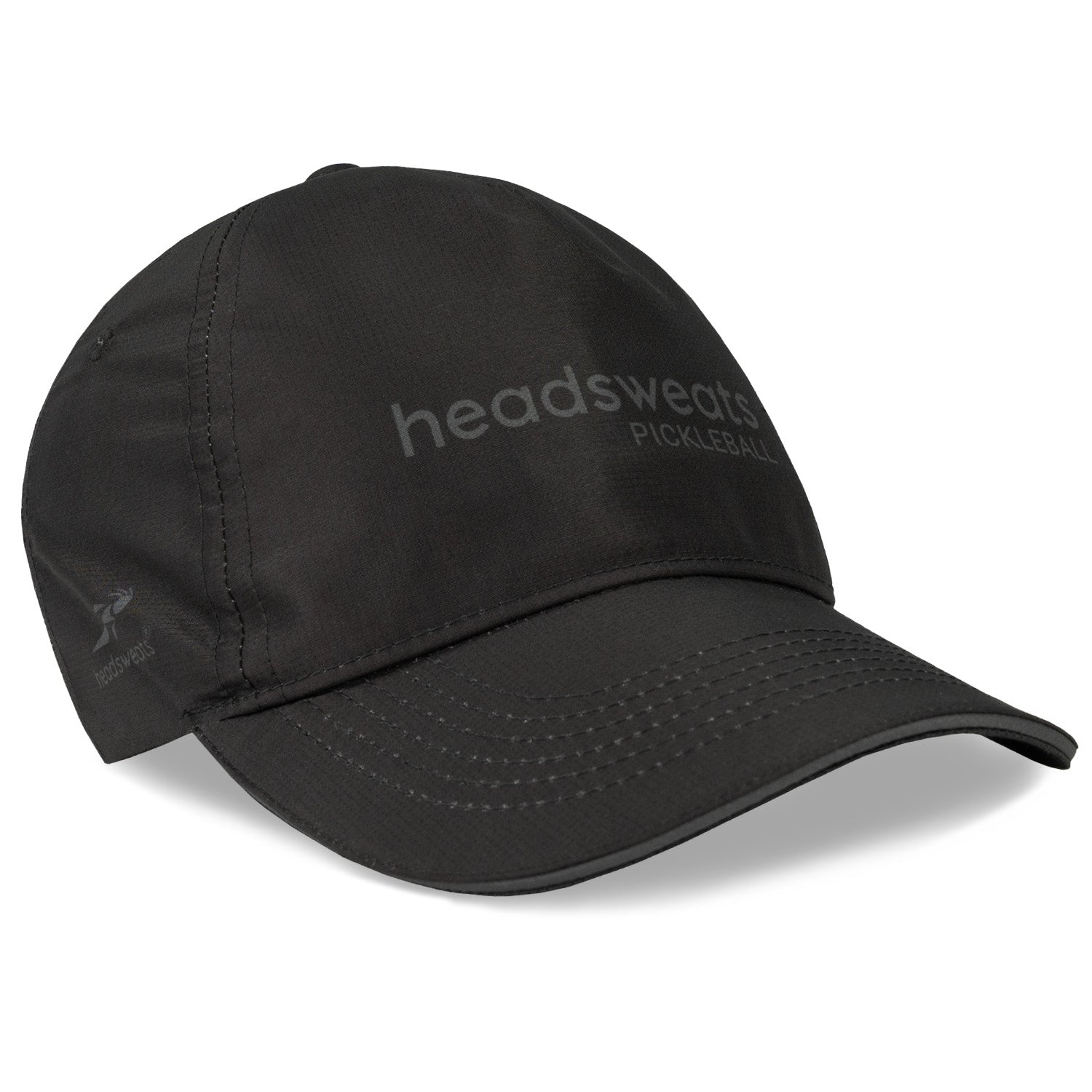 A black hats with performance features with a tonal design including pickleball paddles and balls.