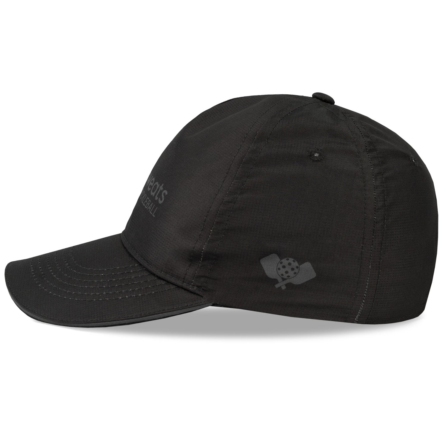 A black hats with performance features with a tonal design including pickleball paddles and balls.