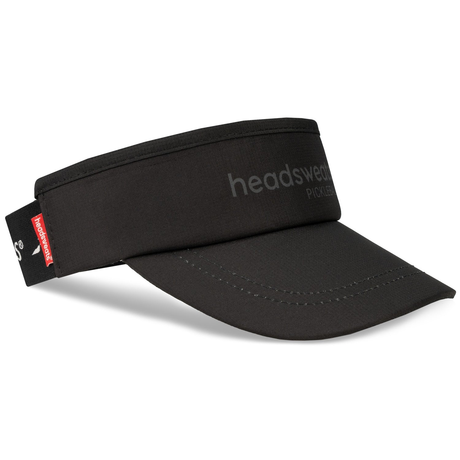 A Black Pickleball Visor with a Pickleball design featuring Pickleball paddles and balls in tonal details.