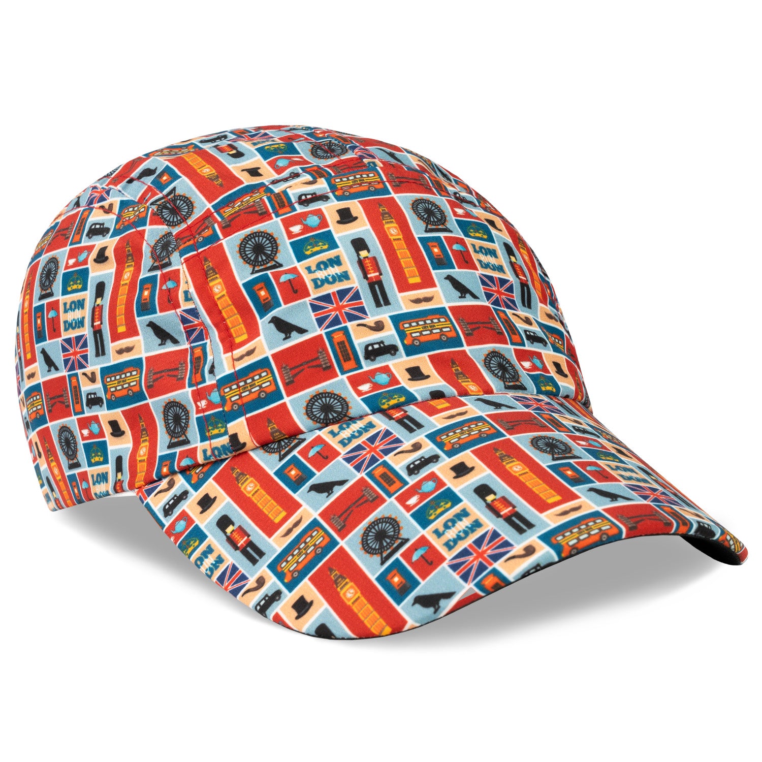 London Running Hat by Headsweats. The design includes iconic landmarks from London. It is a performance hat built for running.