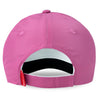 A pink performance pickleball hat featuring a design with pickleball paddles and balls.