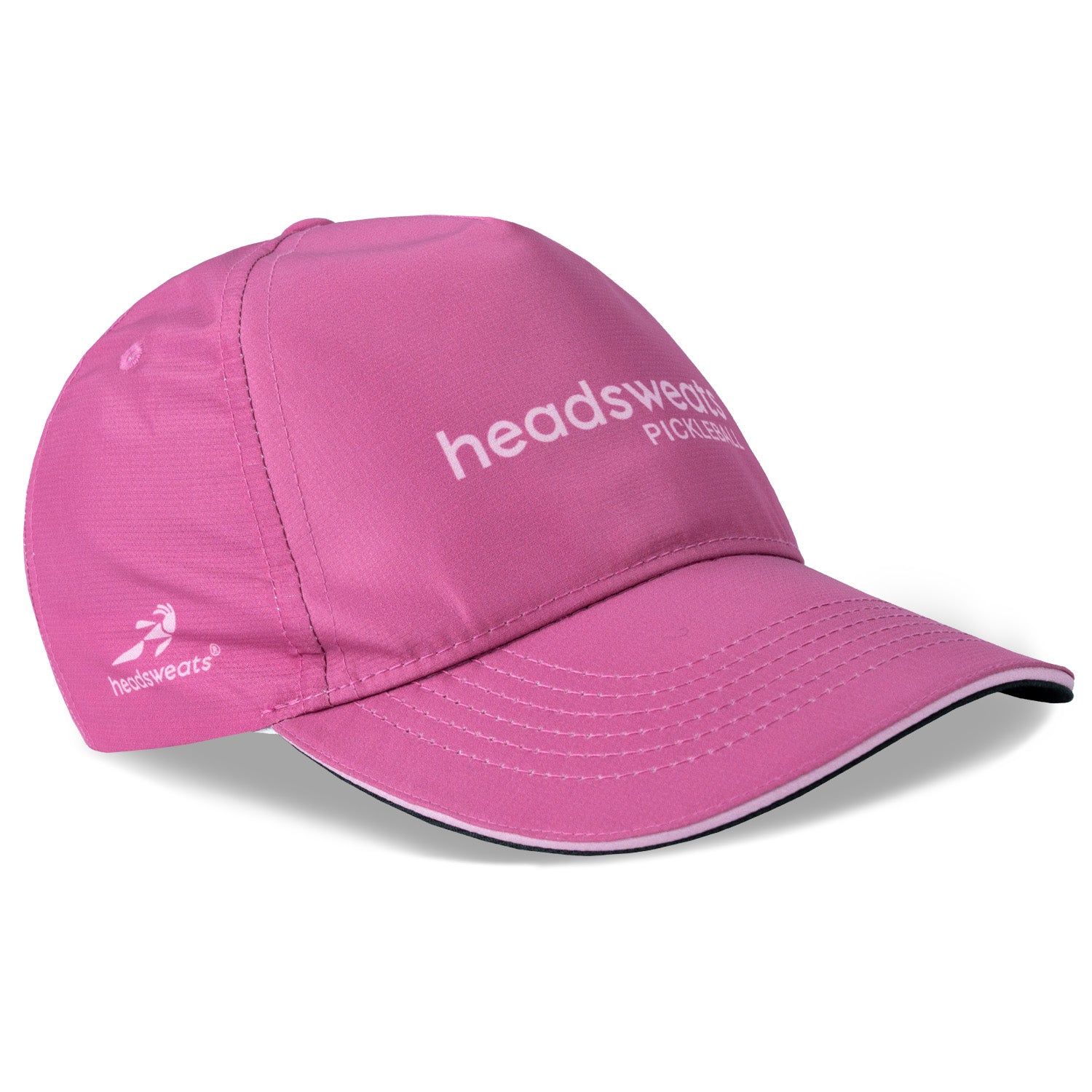 A pink performance pickleball hat featuring a design with pickleball paddles and balls.