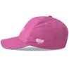 A pink performance pickleball hat featuring a design with pickleball paddles and balls.