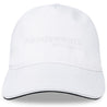 A white performance pickleball hat featuring a design with pickleball paddles and balls.