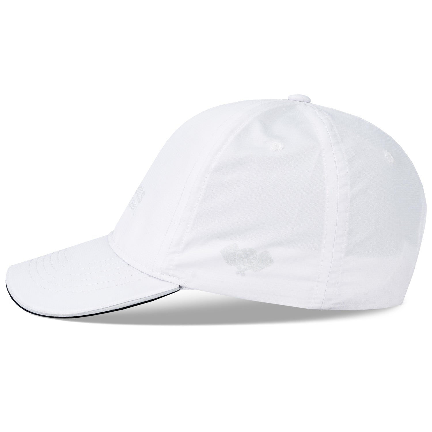 A white performance pickleball hat featuring a design with pickleball paddles and balls.