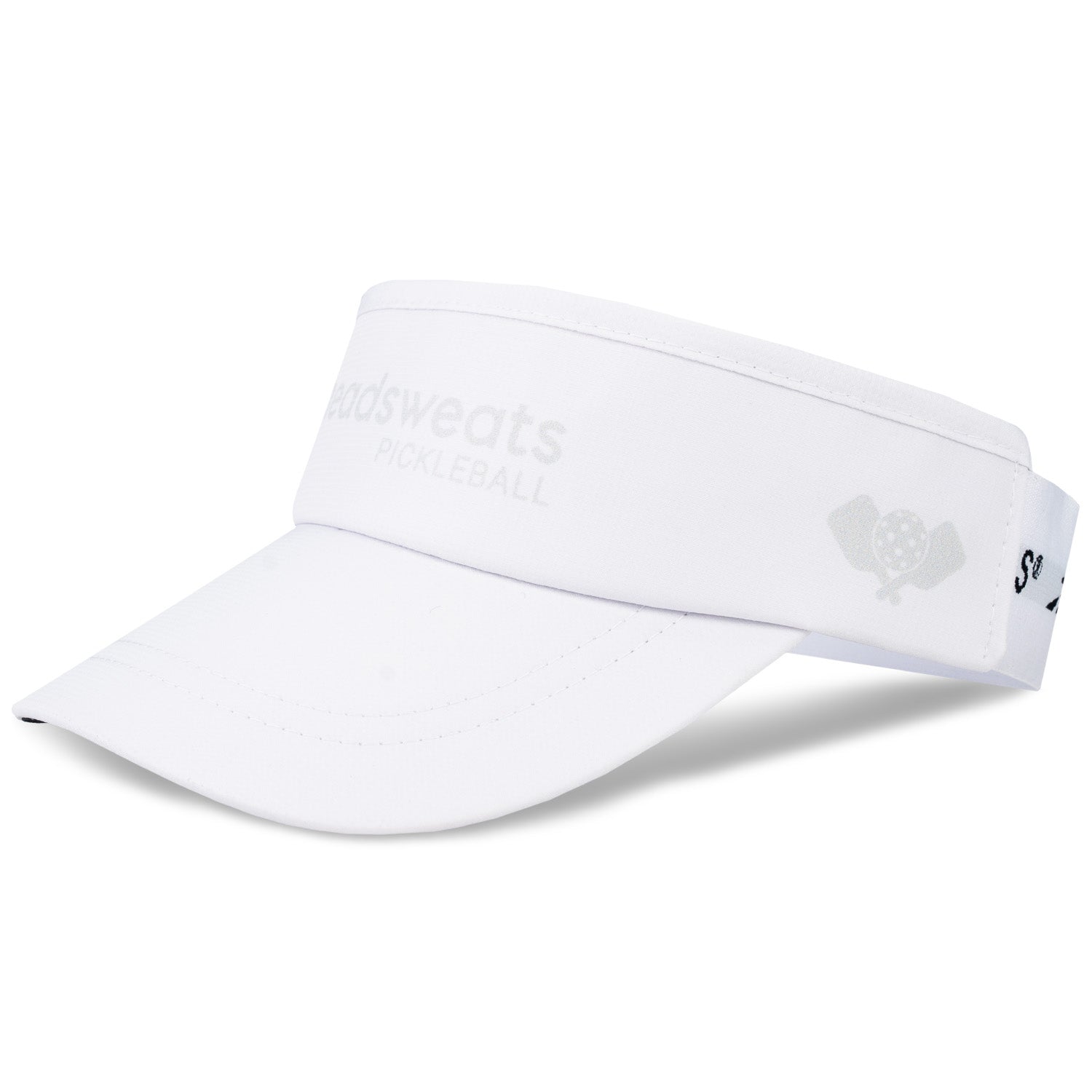 A White Pickleball visor featuring a Pickleball design with Pickleball Paddles and Balls in tonal details